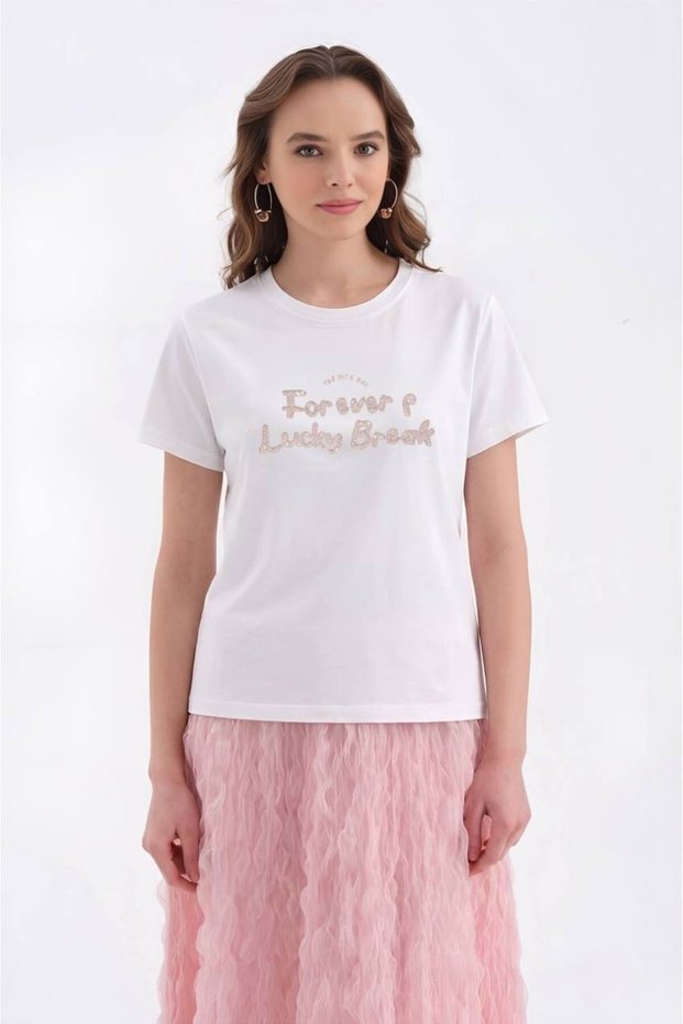 Women's 100% Cotton T-Shirt with Sequin Text Embroidery Detail on the Front