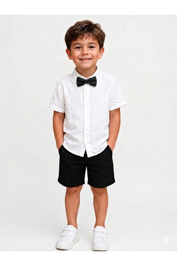 Boy's Linen Look Short Sleeve Cotton Shirt + Bow Tie