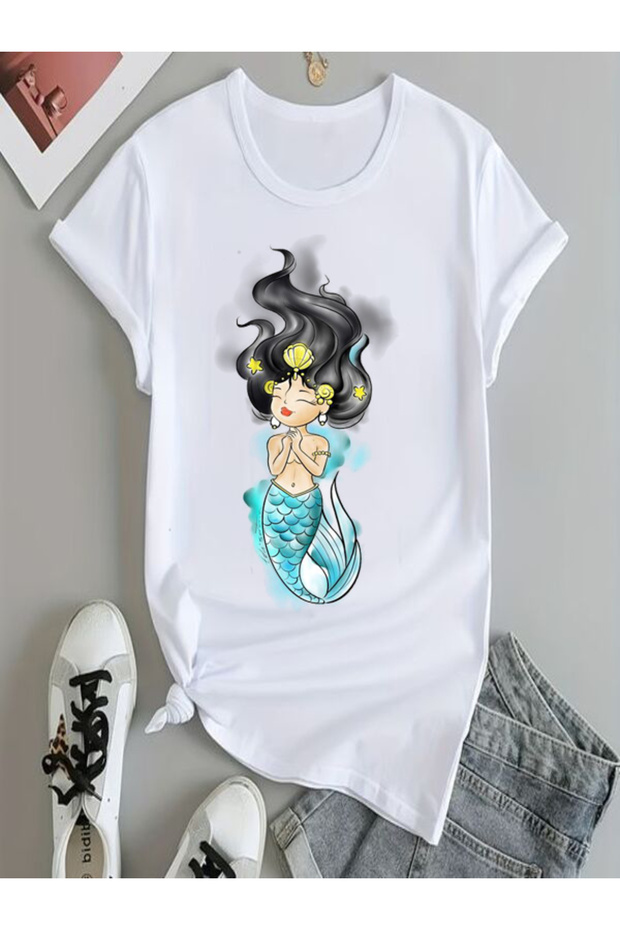 Cute Mermaid Printed White T-Shirt