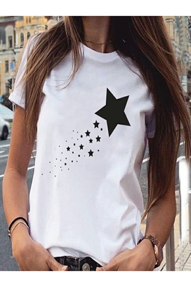 Star Patterned White Women's T-Shirt