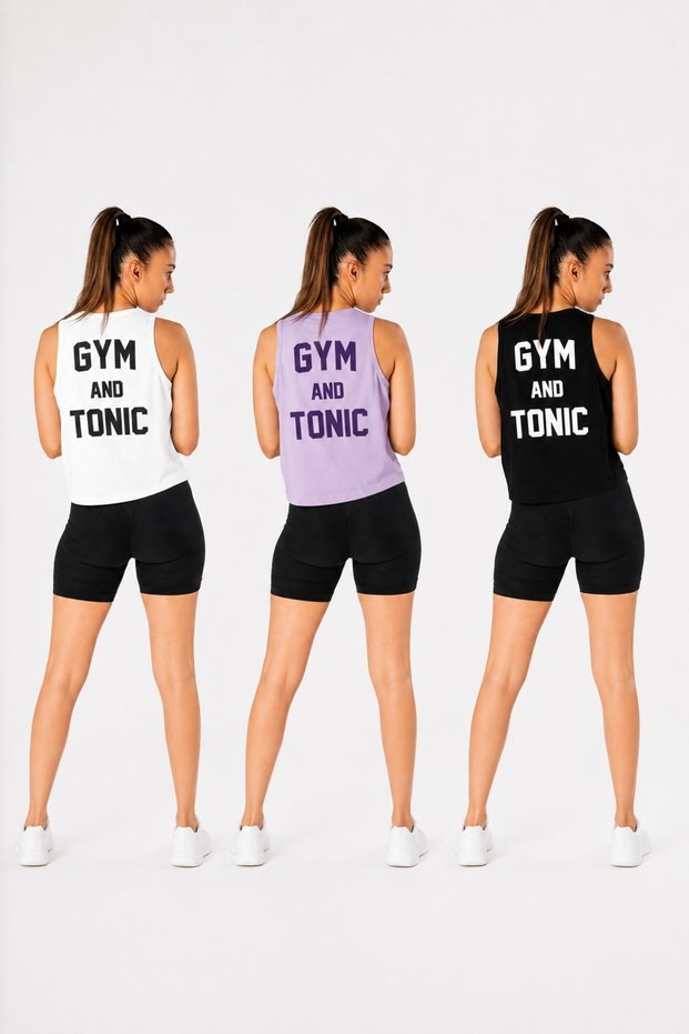 3-Piece Women's Cropped Tank Set – Gym and Tonic Printed Sports Tank Set (White-Lilac-Black)