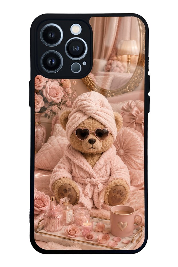 iPhone 13 Pro Max Glossy Phone Case with Pink Teddy Spa Design