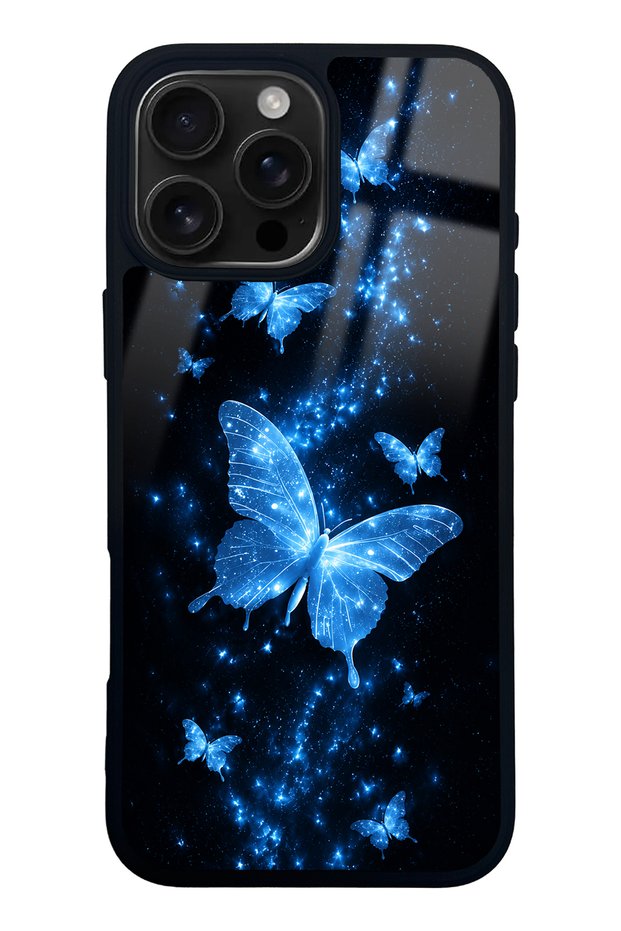 iPhone 16 Pro Max Blue Galaxy Butterfly Design Glossy Phone Case