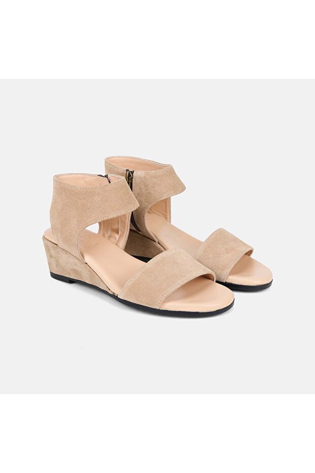 Women's Beige Zippered Wedge Heeled Suede Sandals