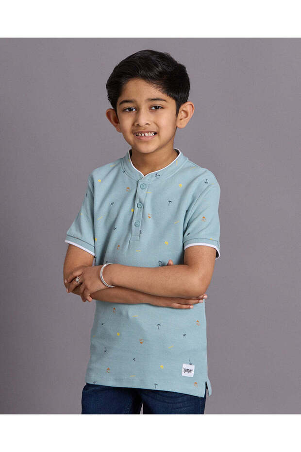 Boys Green Mandarin Collar Shirt