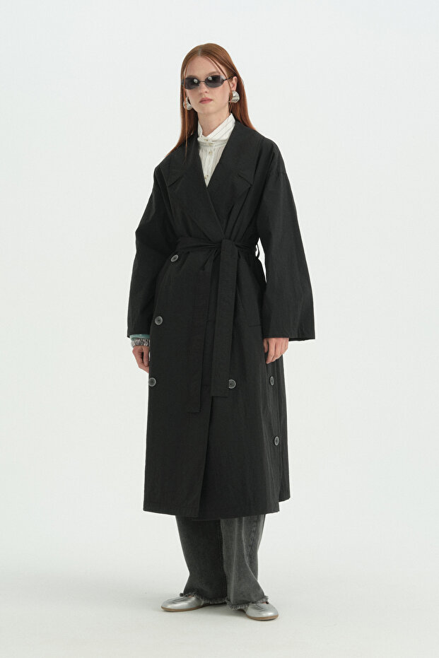 Button Detailed Belted Oversize Trench Coat - Black