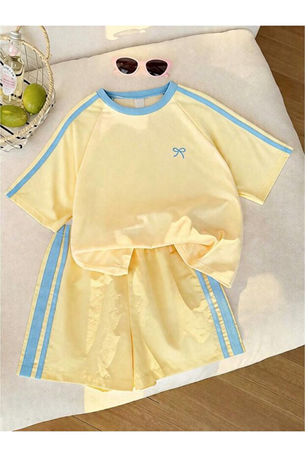 Children's Ribbon Print Striped Shorts-T-Shirt Summer Set