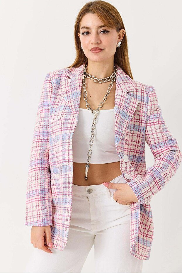 Women's Plaid Blazer Jacket Pink