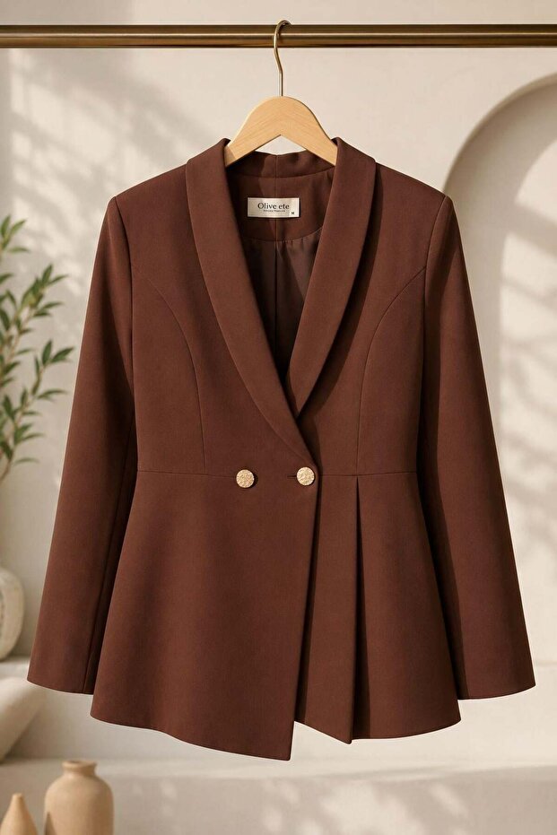 Women's Double-Breasted Collar Gold Buttoned Blazer Jacket Bitter Brown