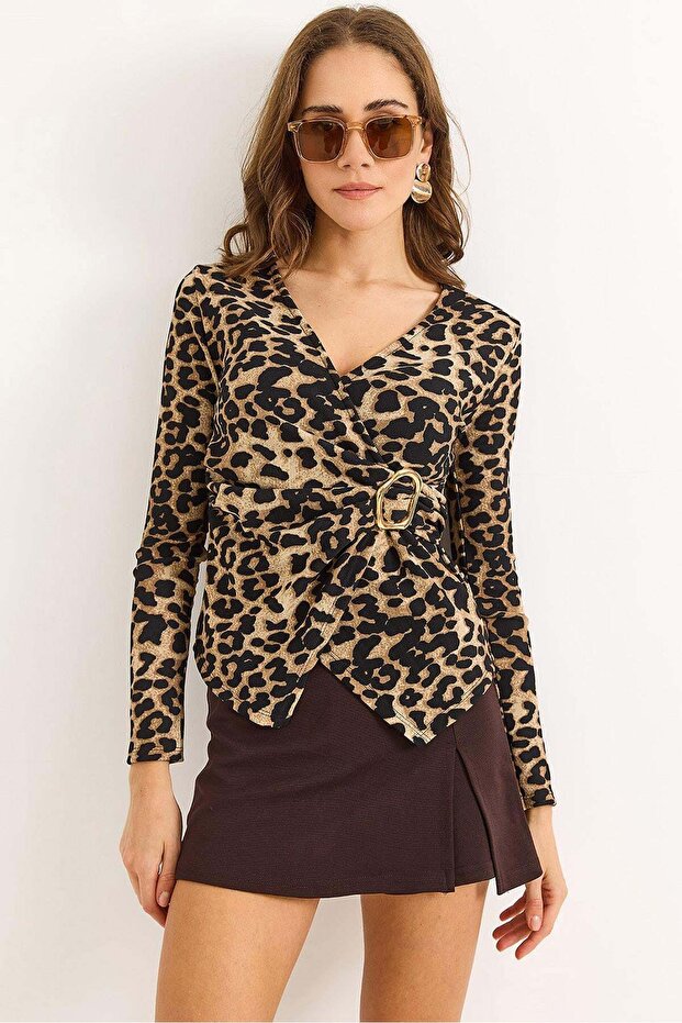 Women's Side Buckle Blouse Leopard