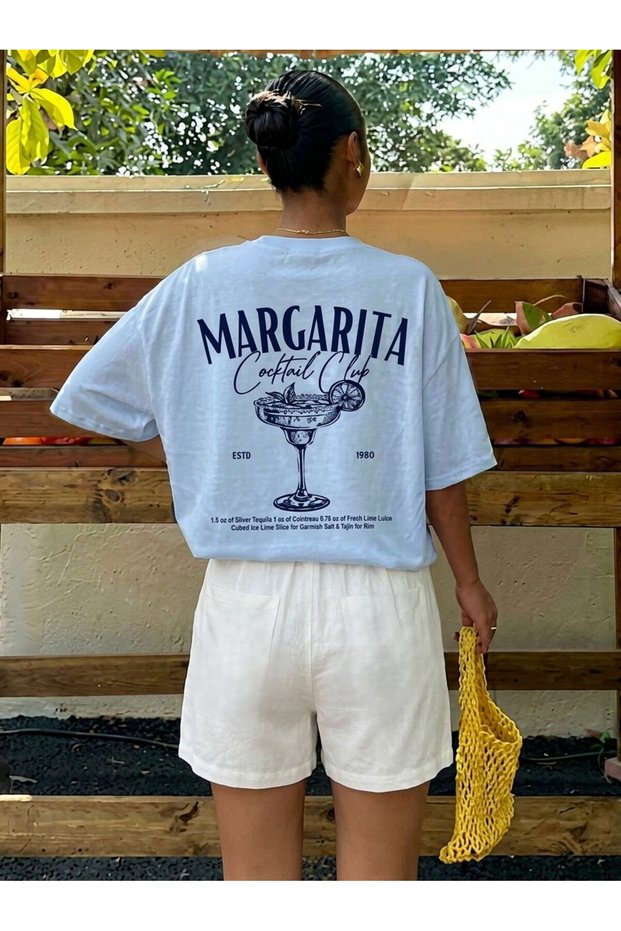 Women's Blue Oversize Printed T-Shirt Margarita Cocktail Club Back Printed Cotton Summer T-Shirt