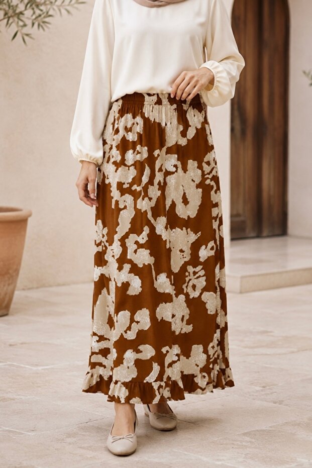 Tan Color Elastic Waist Patterned Viscose Skirt