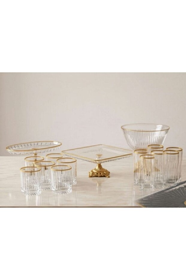 Luxury Gold Footed Glass Serving and Presentation Set with Glasses Guest Hospitality Set Home Gift 15 Pieces