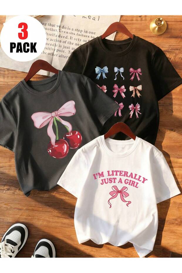Printed Black - White - Anthracite 3-Piece Children's T-Shirt 100% Cotton Short Sleeve Knitted Crew Neck