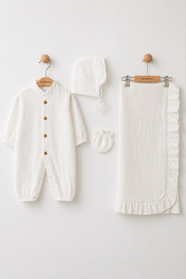 Baby Boy 4 Piece Muslin Blanket Newborn Overalls Hospital Discharge Set Summer Outfit Ecru