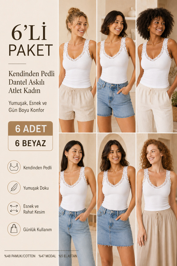 Women's Cotton & Modal Lace Strap Padded 6-Piece Flexible Daily Tank Tops - Gathering 6-Piece Bra Singlet