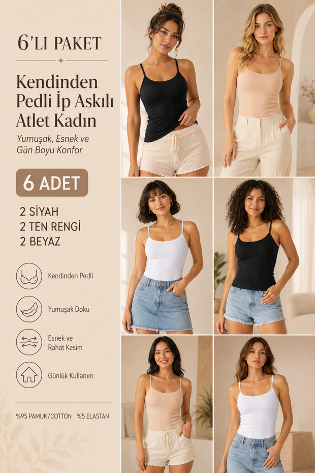 Women's 95% Cotton Strapless Padded 6-Piece Basic Undershirt - Flexible & Comfortable 6-Piece Bra Singlet