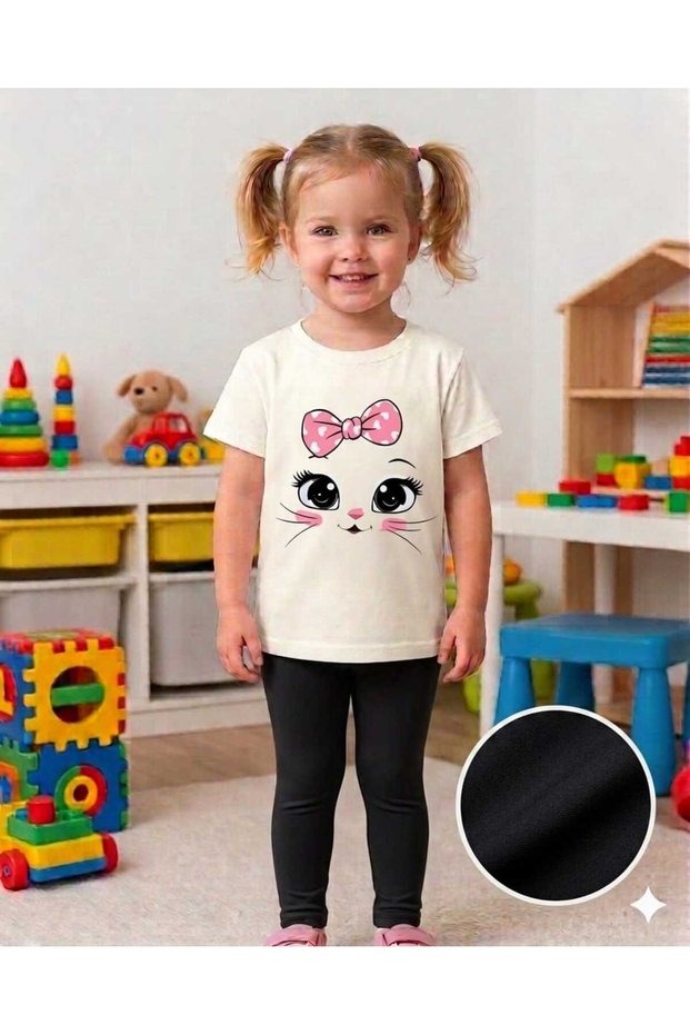 Girl's Black Scuba Fabric Leggings and Printed T-Shirt Set 2-8 Years Old