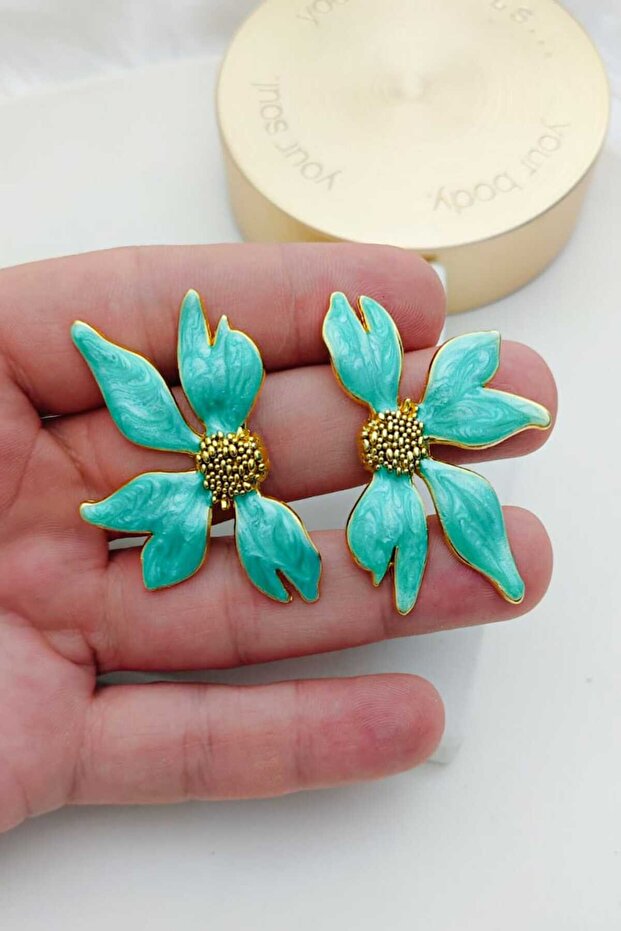 Water Green Pearlescent Large Flower Gold Earrings (6cm)