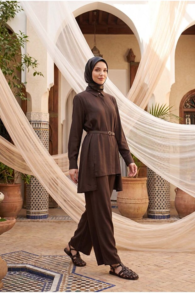Hidden Button Shirt Collar Asymmetrical Cut Pants Double Suit Brown 26Ya620