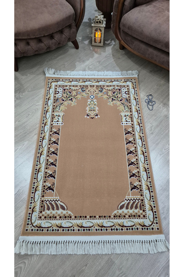 İrfan, Luxury Mihraplı Acrylic Woven Prayer Mat Beige Gold Embroidered Velvet Soft Textured Prayer Mat Sajjadah