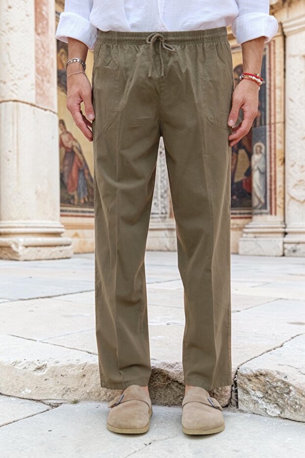 Sports Sweatpants Elastic Waist Cotton Thin Summer Fabric Large Size (Khaki)