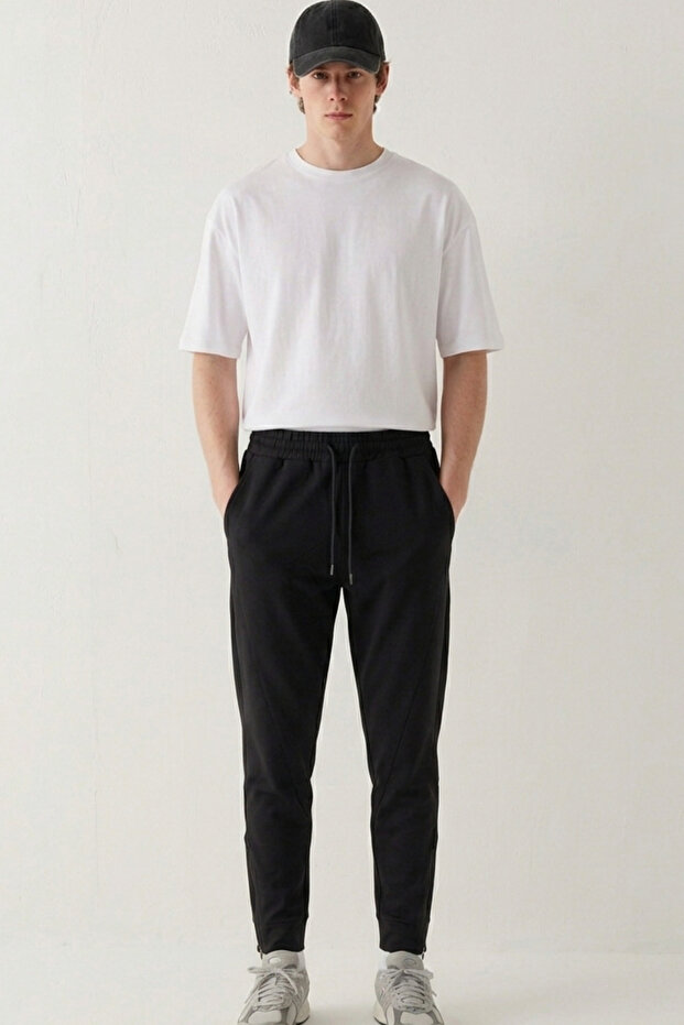 Men's Elastic Waist Zippered Long Sweatpants 787 Black