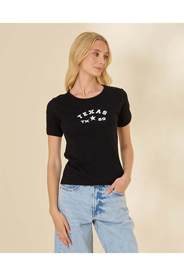 Women Black Graphic Ribbed T-Shirt