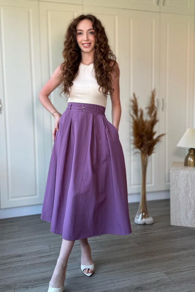 Belted Poplin Skirt Purple Dress
