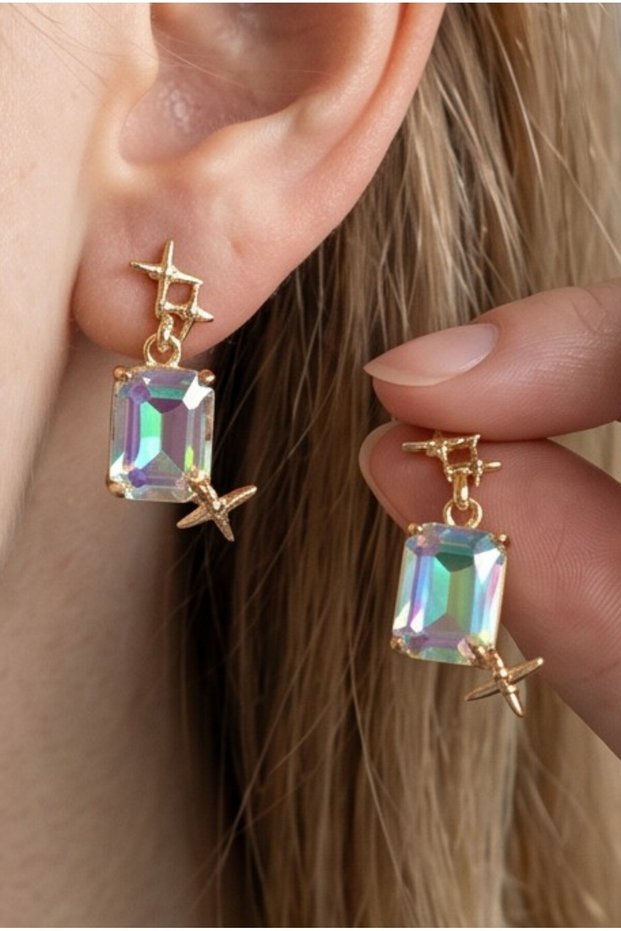 Women's Gold Earrings with Baguette Stones, Stylish and Modern Design