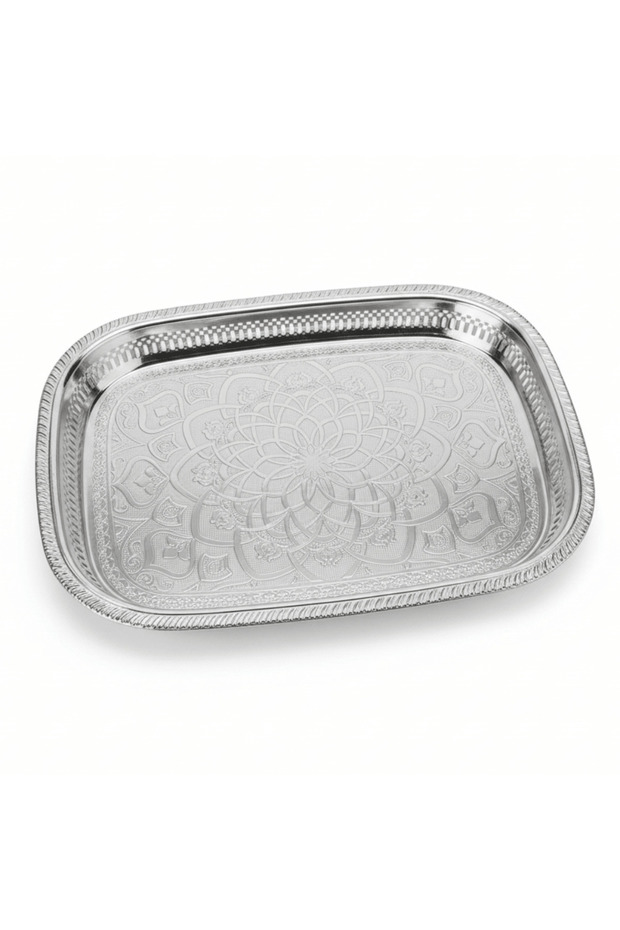 Silver Stainless Steel Serving Tray – 45×33 cm | Arabic Mandala Engraving