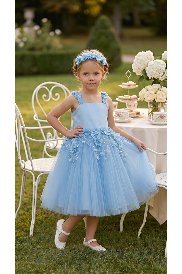 Blue Lace Floral Fluffy Girl Evening Dress