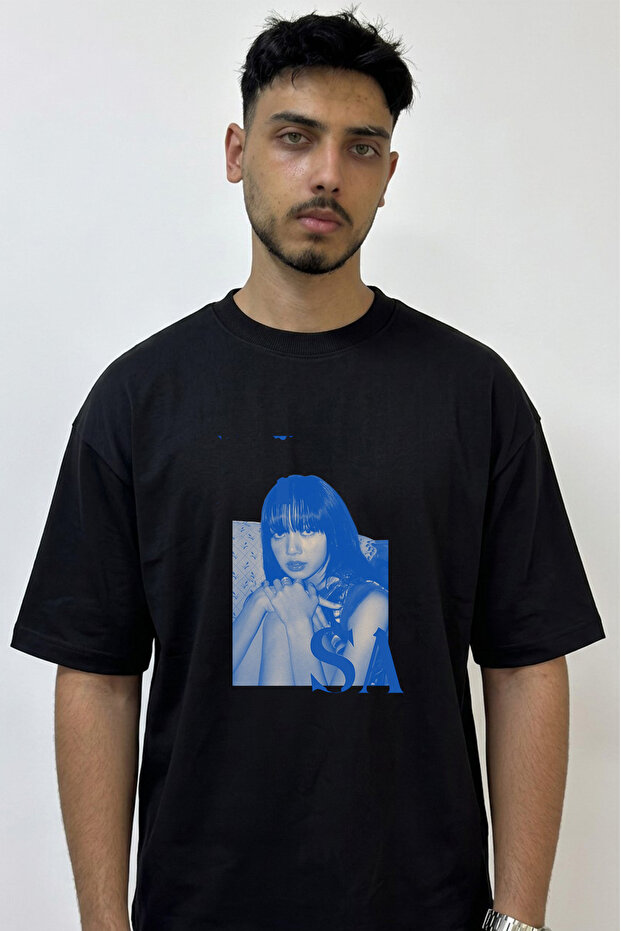 Lisa_1 Design Printed Oversize Black T-Shirt