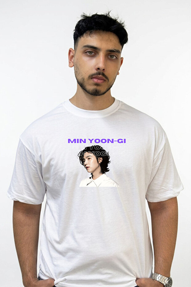 Min Yoon Gi Design Printed Oversize White T-Shirt