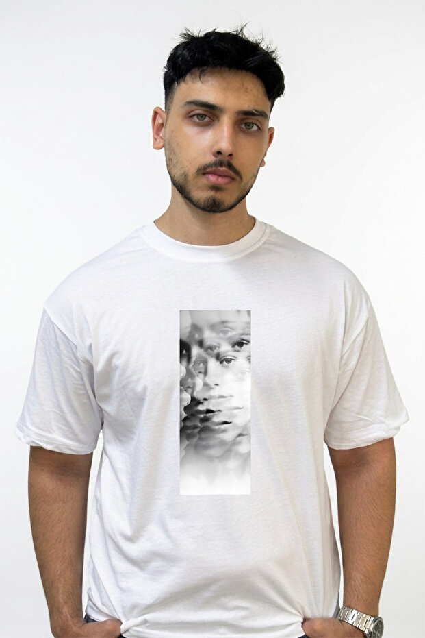Abstract Portrait Design Printed Oversize White T-Shirt