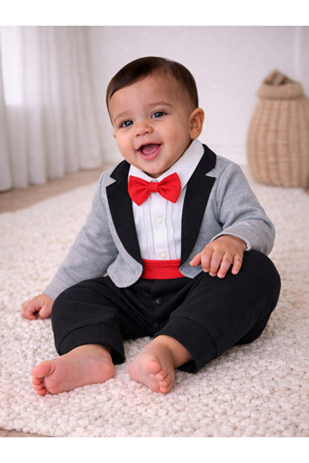 Baby Boys 3-Piece Tuxedo, Shirt and Bow Tie Mock Romper Set
