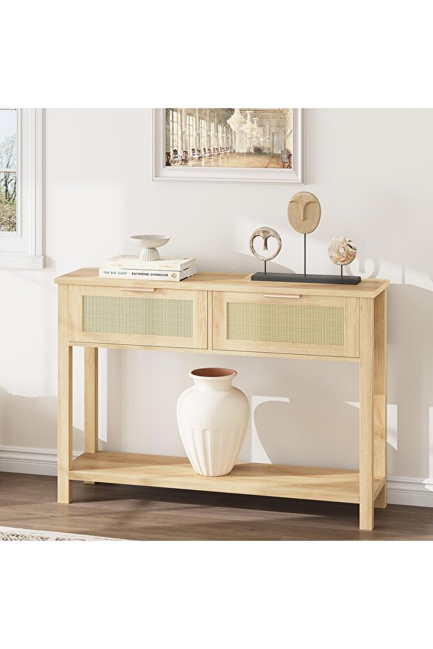Boho Wooden Rattan Console Table 2 Drawers Open Shelf Slim Design Space Saving Perfect for Living Room, Hallway or Foyer, Natural Wood