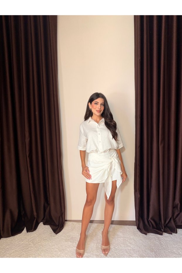 Women's Oversize Shirt-Tie Detailed Skirt Suit