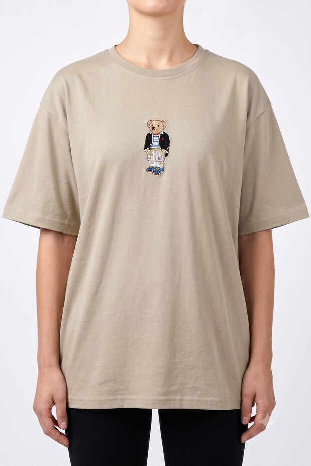 Women's Beige Teddy Bear Embroidered Cotton T-Shirt