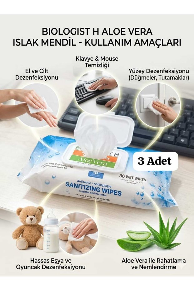 Disinfectant Wipes with Aloe Vera, Set of 3 - Complete Protection with Provitamin B5 for Hand, Skin, and Surface Hygiene