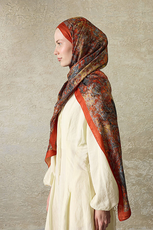 Orange Volcanic Elegance Patterned Shawl - 3