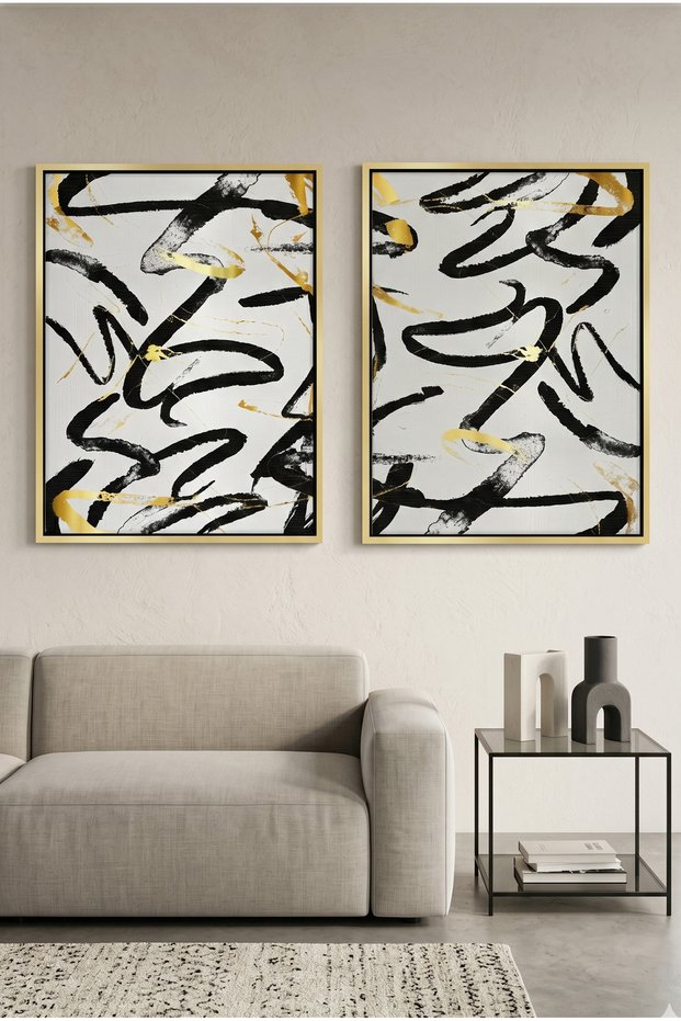 Black and Gold Brush Stroke Islamic Wall Art | Framed Canvas Print with Gold Foil Embossed | Luxury Modern Decor for Living Room, Bedroom, Office & Gift (Set of 2)