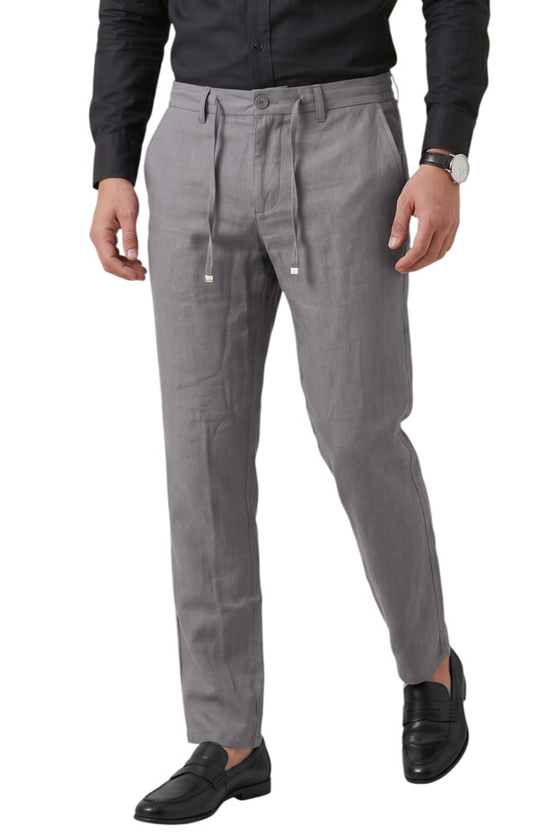 Gray Slim Fit Lycra Linen Textured Elastic Waist Drawstring Summer Men's Trousers 2603001
