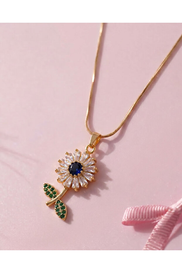 Gold Color Rotating Flower Design Blue Stone Daisy Necklace