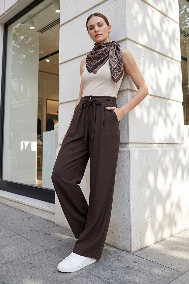 High Waist Double Button Tencel Wide Leg Pants - Brown