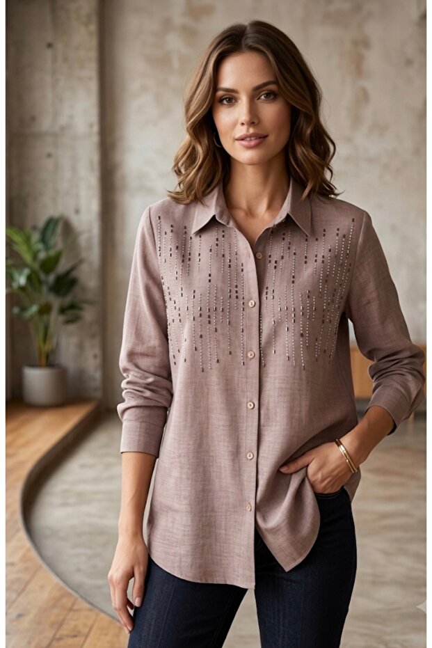 Sofia Linen-Blend Summer Shirt with Stone Details