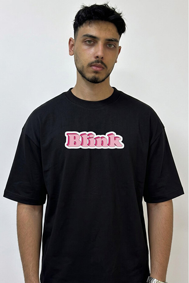 Retro Blink Design Printed Oversize Black T-Shirt