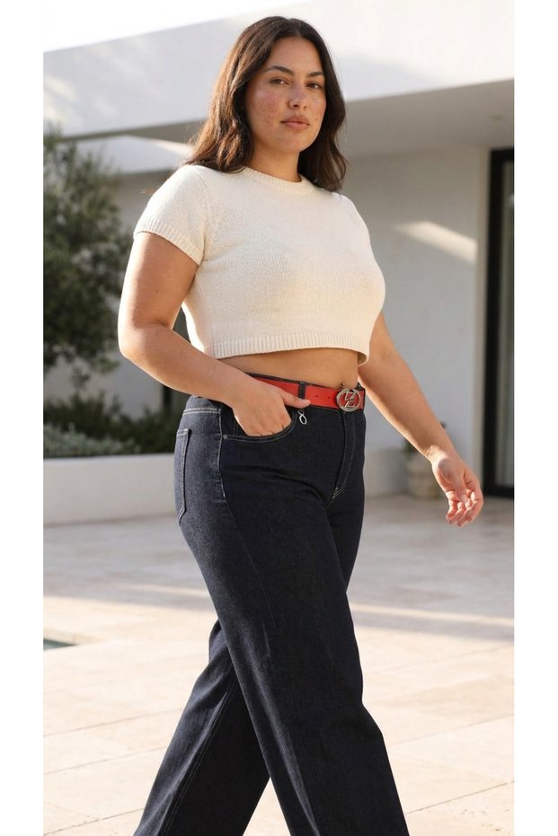 Plus Size Wide Leg Lycra Denim Women's Trousers with Belt and Pockets