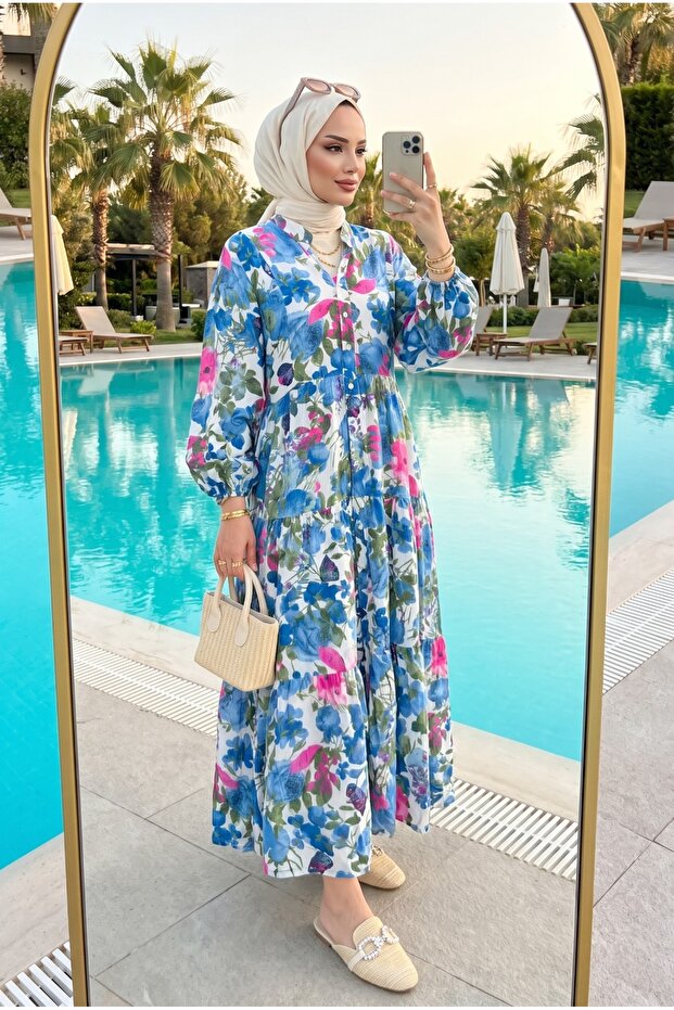 Women's Spring Patterned Stylish Hijab Dress Floral (Unlined)