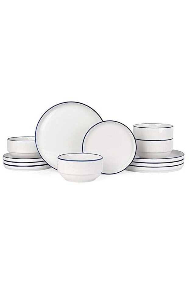 12 piece Porcelain Dinnerware Set, Set for 4, Microwave & Dishwasher Safe, White and Blue Rim